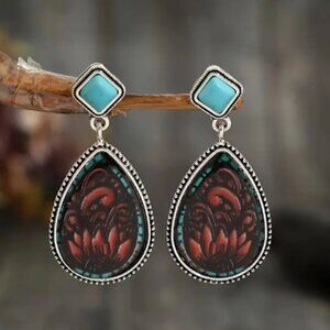 NEW Western style Brown & Turquoise Stud with drop earrings - Silver plated